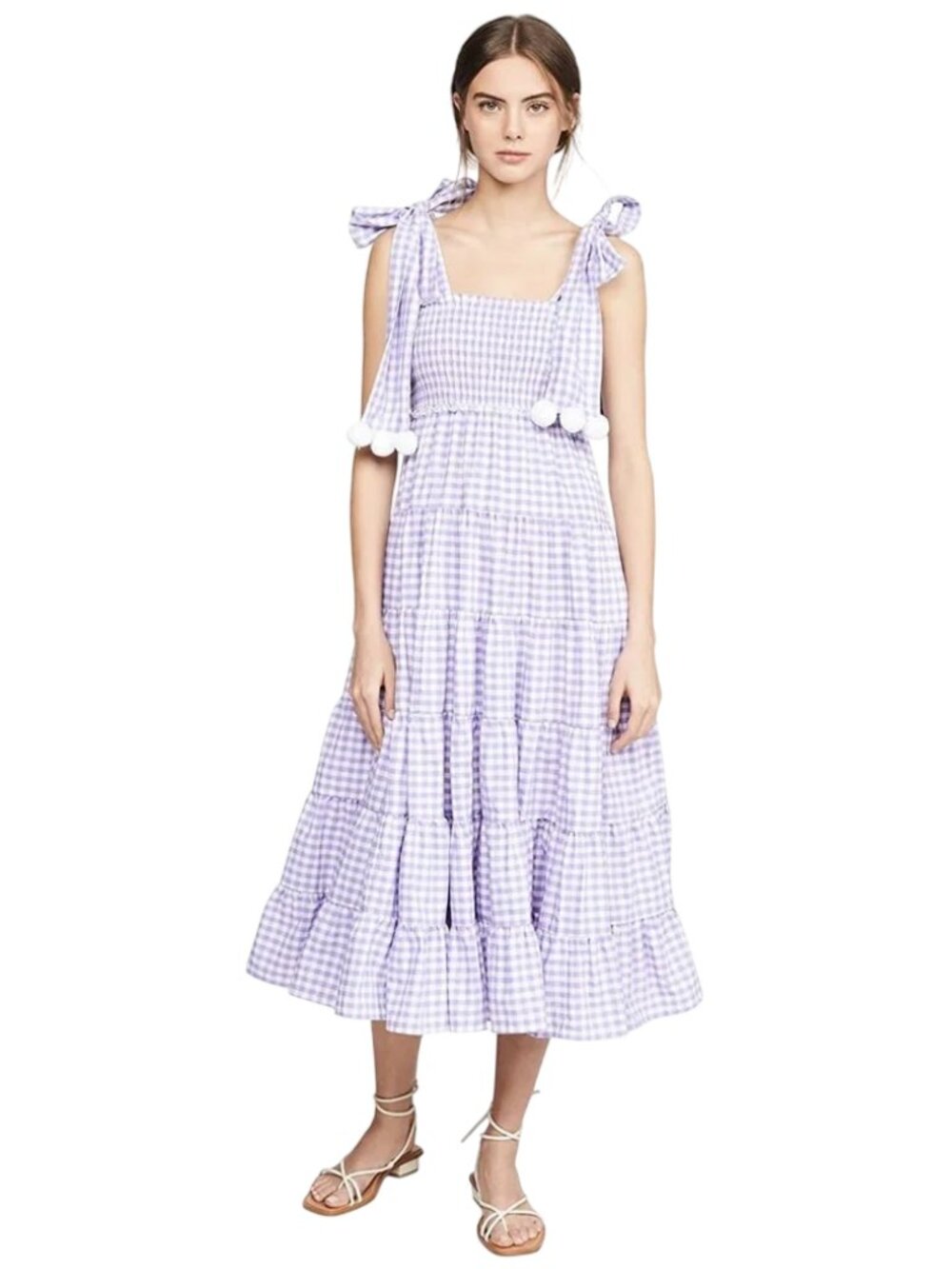 Sundress Brand purple gingham midi dress size XS / S tie strap tiered smocked